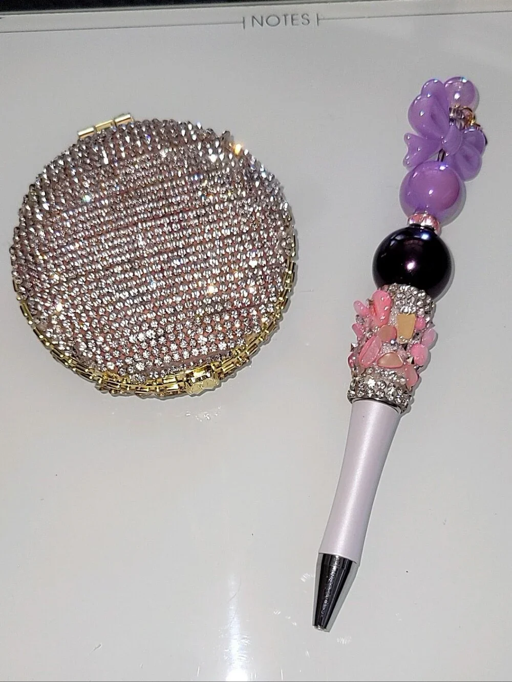 Handcrafted Rhinestone Compact Mirror & Beaded Pen Pink Gift Set